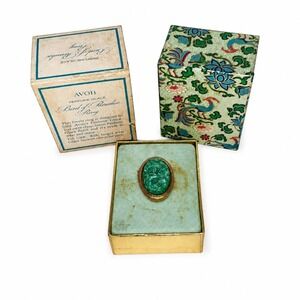 Vintage Avon Bird of Paradise Perfume Glace Ring Faux Jade Cameo Gold Tone w Box
